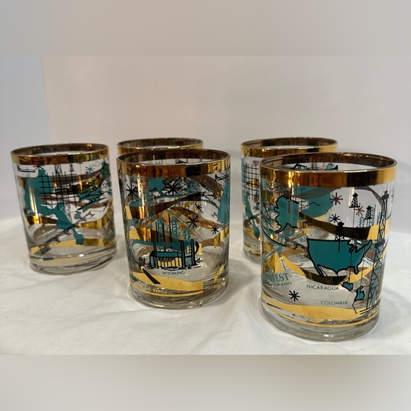 Rare Set of 5 MCM Norma Jean Wright 24k Gold & Turquoise Oil & Gas Bar Glasses - Picture 14 of 15
